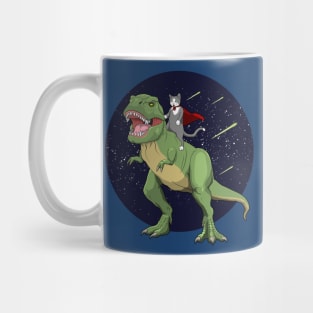 Hero Cat Riding T-Rex Dinosaur Cosmic Mug